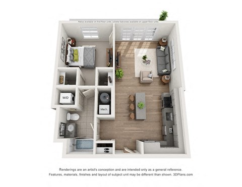 Floor plan for 1 bed, 1 bath, 755 sqft
